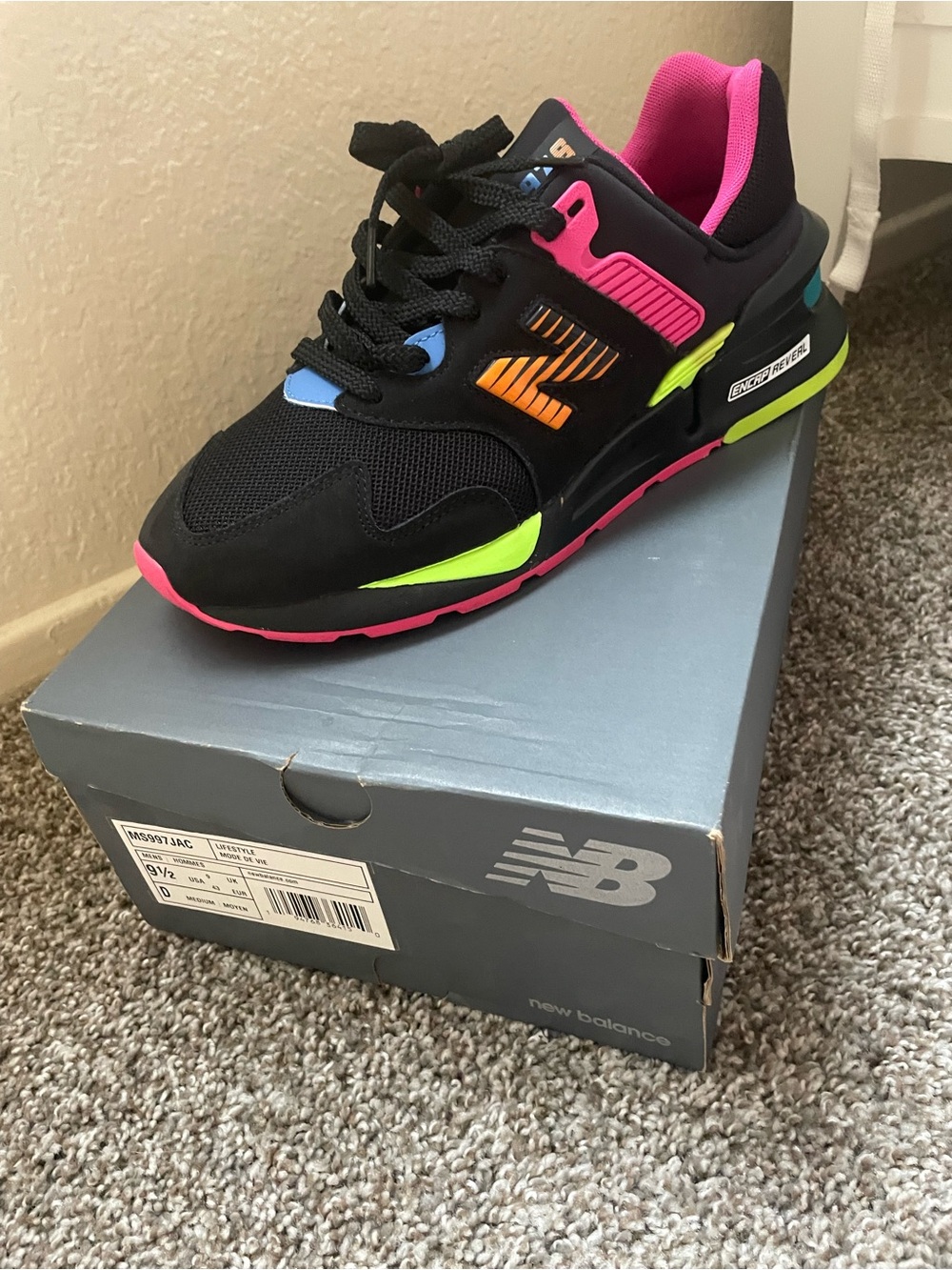 New Balance Men’s Black Sneakers with Neon Pink, Yellow & Blue Accents